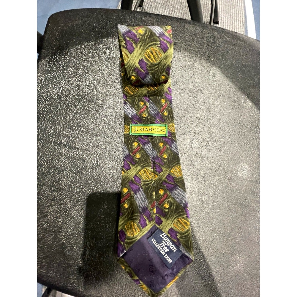 J. Garcia Men's 100% Silk Designer Tie Abstract Pattern Green Purple Gold Logo